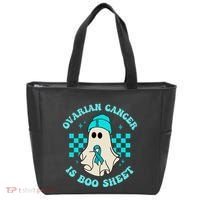 Cute Ovarian Cancer Is Boo Sheet Halloween Ghost Teal Ribbon Tote Bag thumb 0