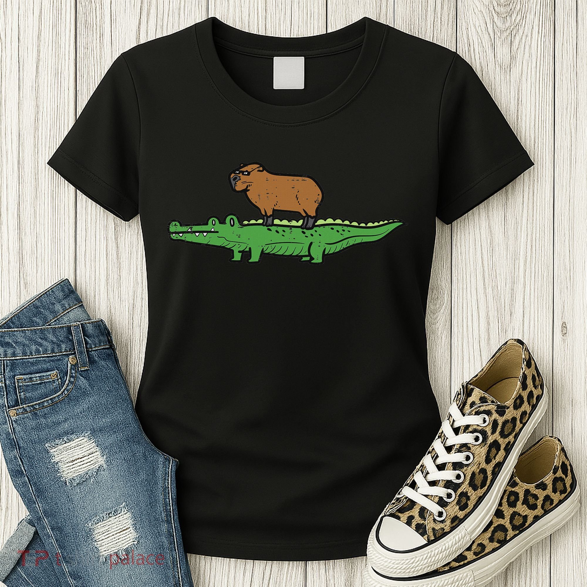 Capybara On Crocodile Capy Alligator Rodent Women Women's T-Shirt