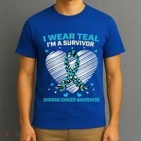 Cute Ovarian Cancer Awareness Products Cheetah Teal Survivor Gift T-Shirt thumb 3