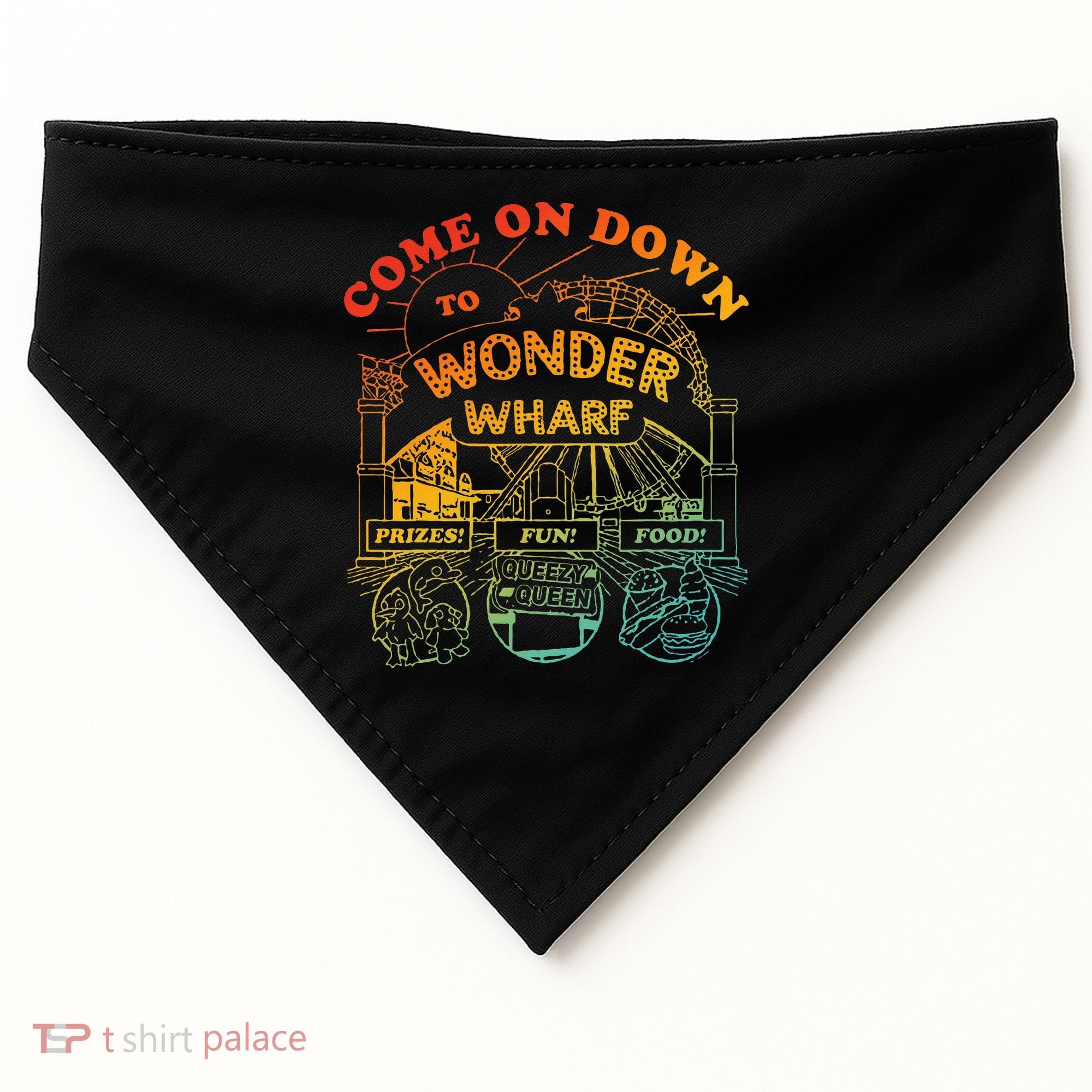 Come On Down To Wonder Wharf Prizes Fun Queezy Queen Food USA-Made Doggie Bandana