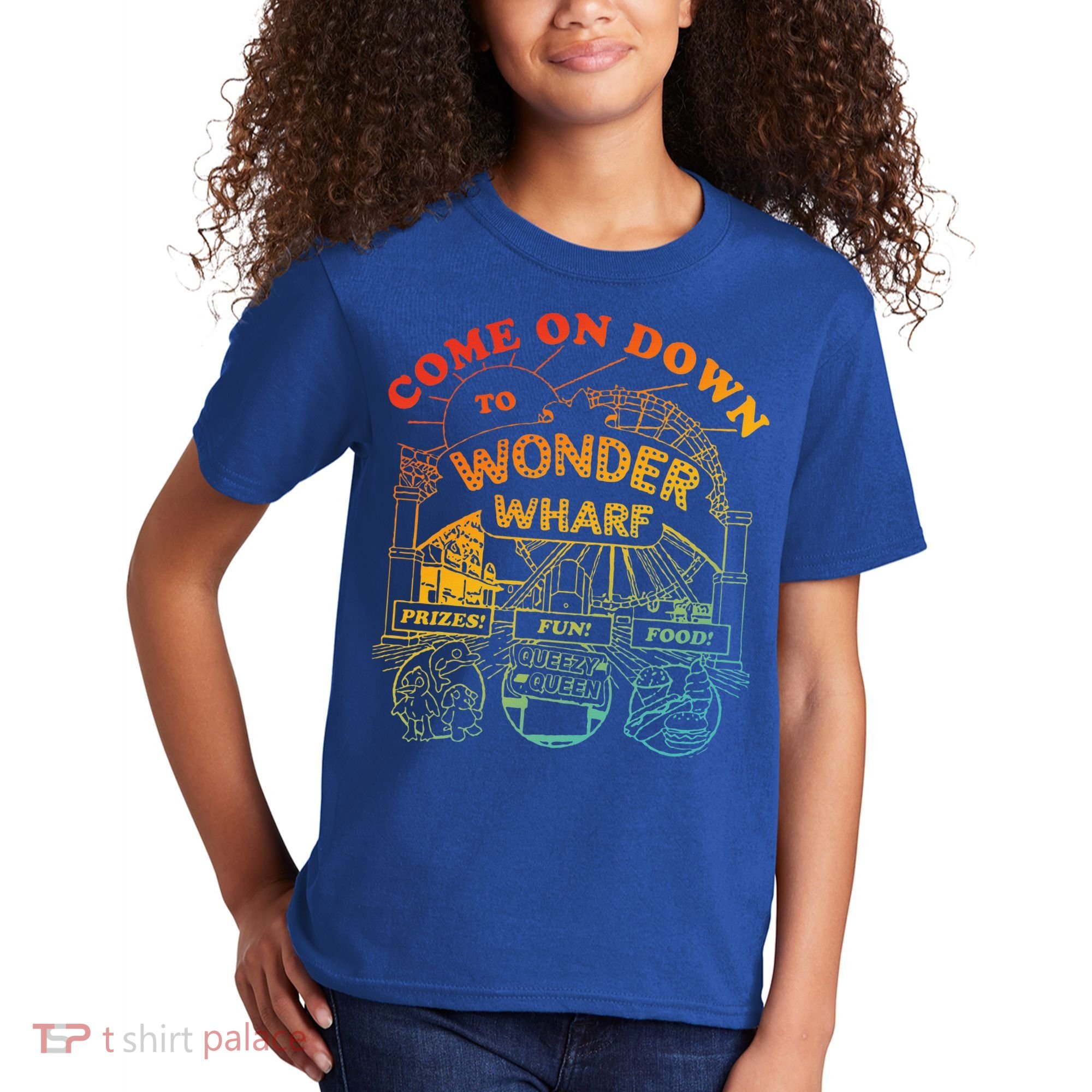 Come On Down To Wonder Wharf Prizes Fun Queezy Queen Food Kids T-Shirt