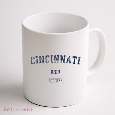 Cincinnati Ohio Distressed Text Sport Style Coffee Mug back
