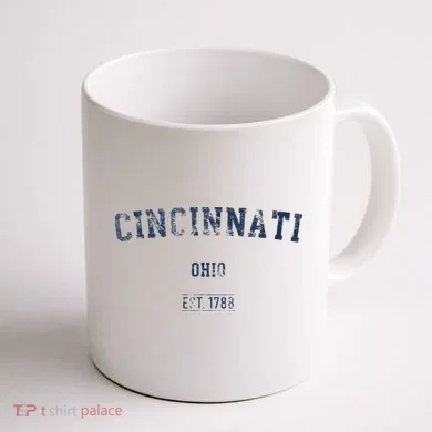 Cincinnati Ohio Distressed Text Sport Style Coffee Mug back
