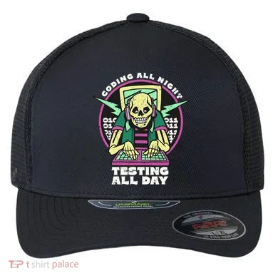 Coding All Night Testing All Day Skeleton Flexfit Unipanel Trucker Cap