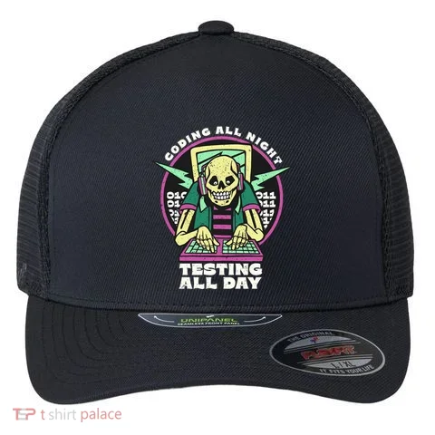 Coding All Night Testing All Day Skeleton Flexfit Unipanel Trucker Cap in the selected color
