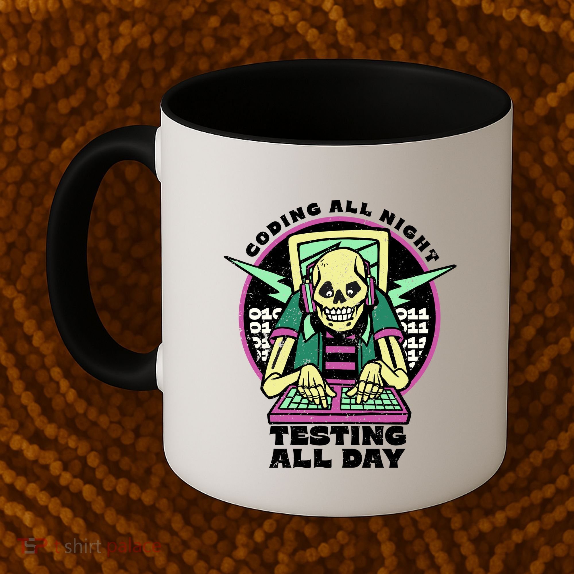 Coding All Night Testing All Day Skeleton Coffee Mug