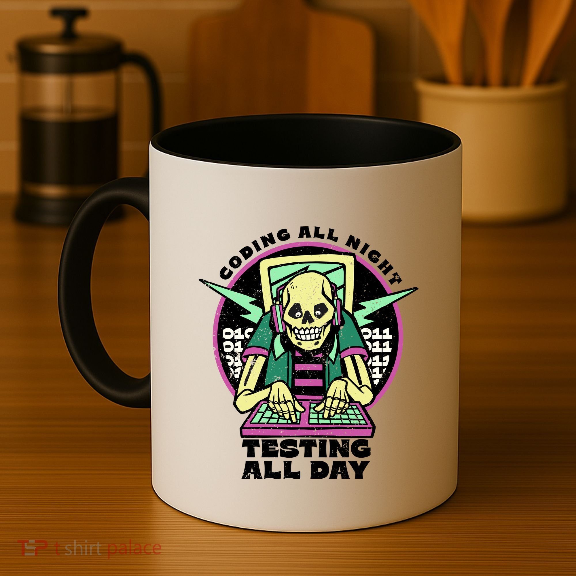 Coding All Night Testing All Day Skeleton Coffee Mug