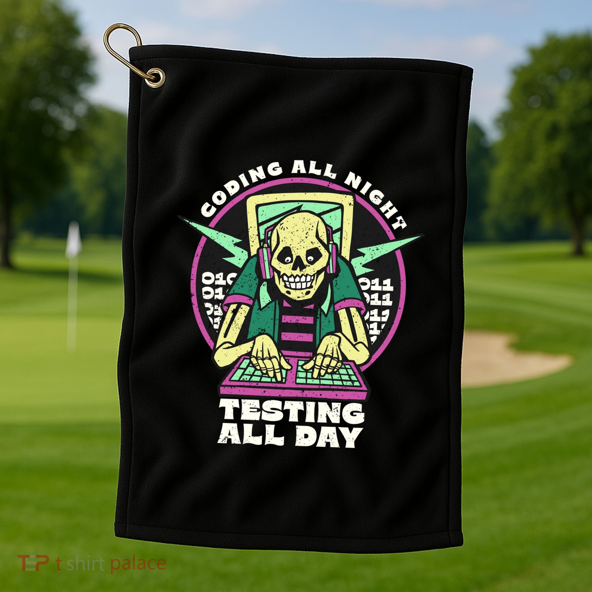 Coding All Night Testing All Day Skeleton Golf Towel
