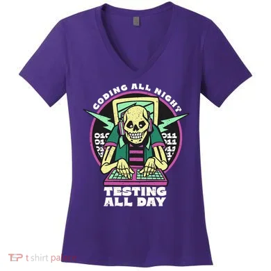 Coding All Night Testing All Day Skeleton Women's V-Neck T-Shirt