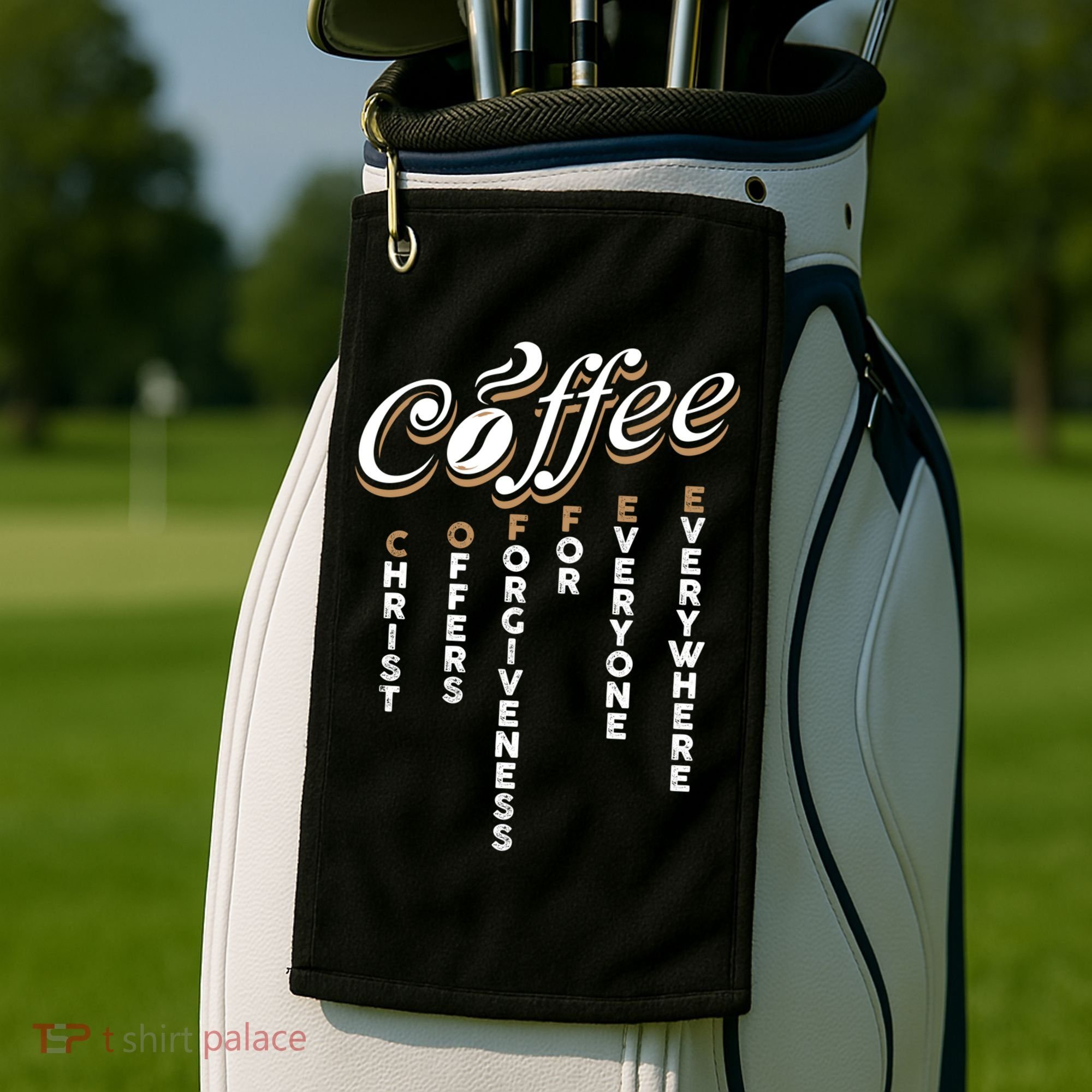 Christ Offers Forgiveness For Everyone Everywhere Coffee Pun Gift Golf Towel