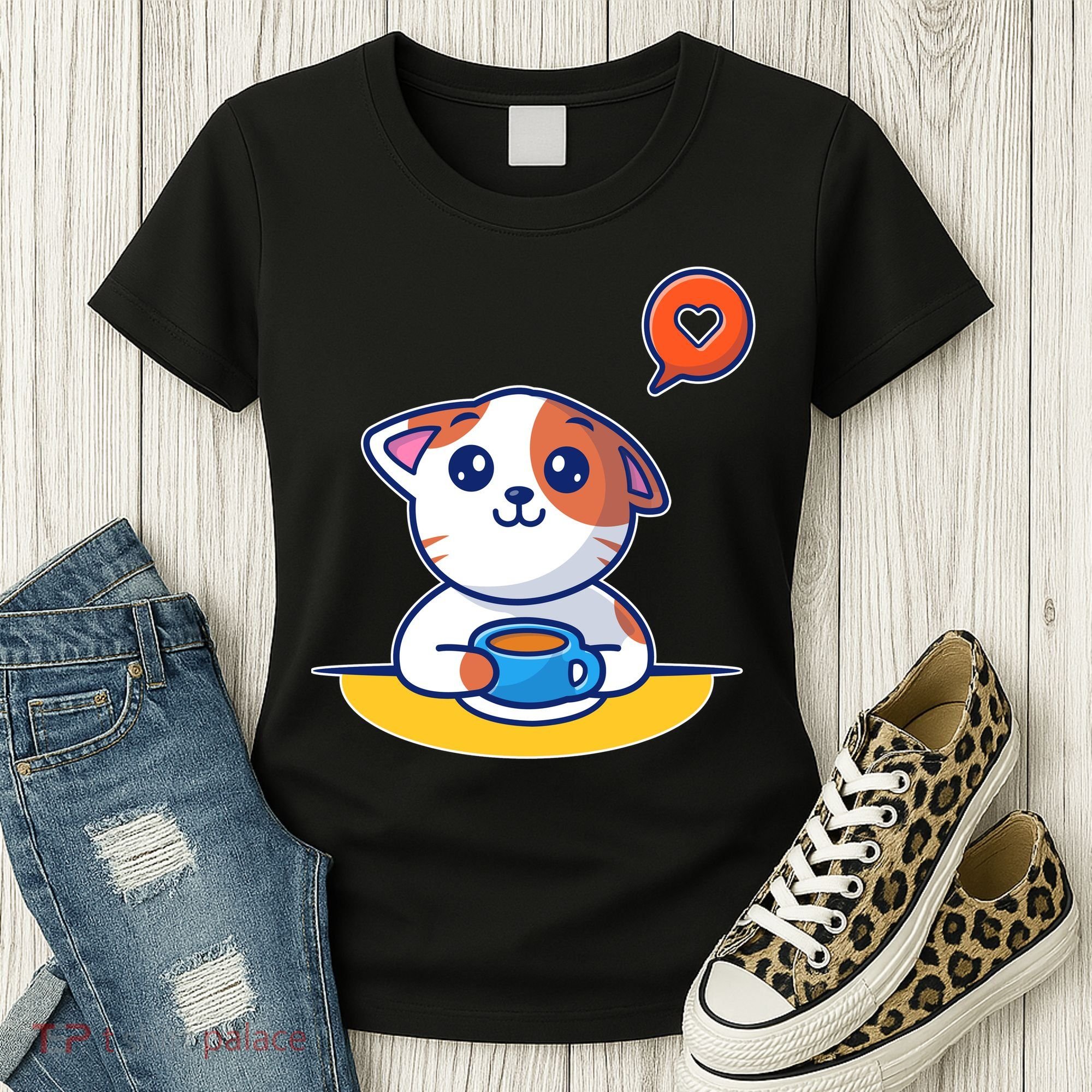 Coffee Cat Hollow Heart Women's T-Shirt