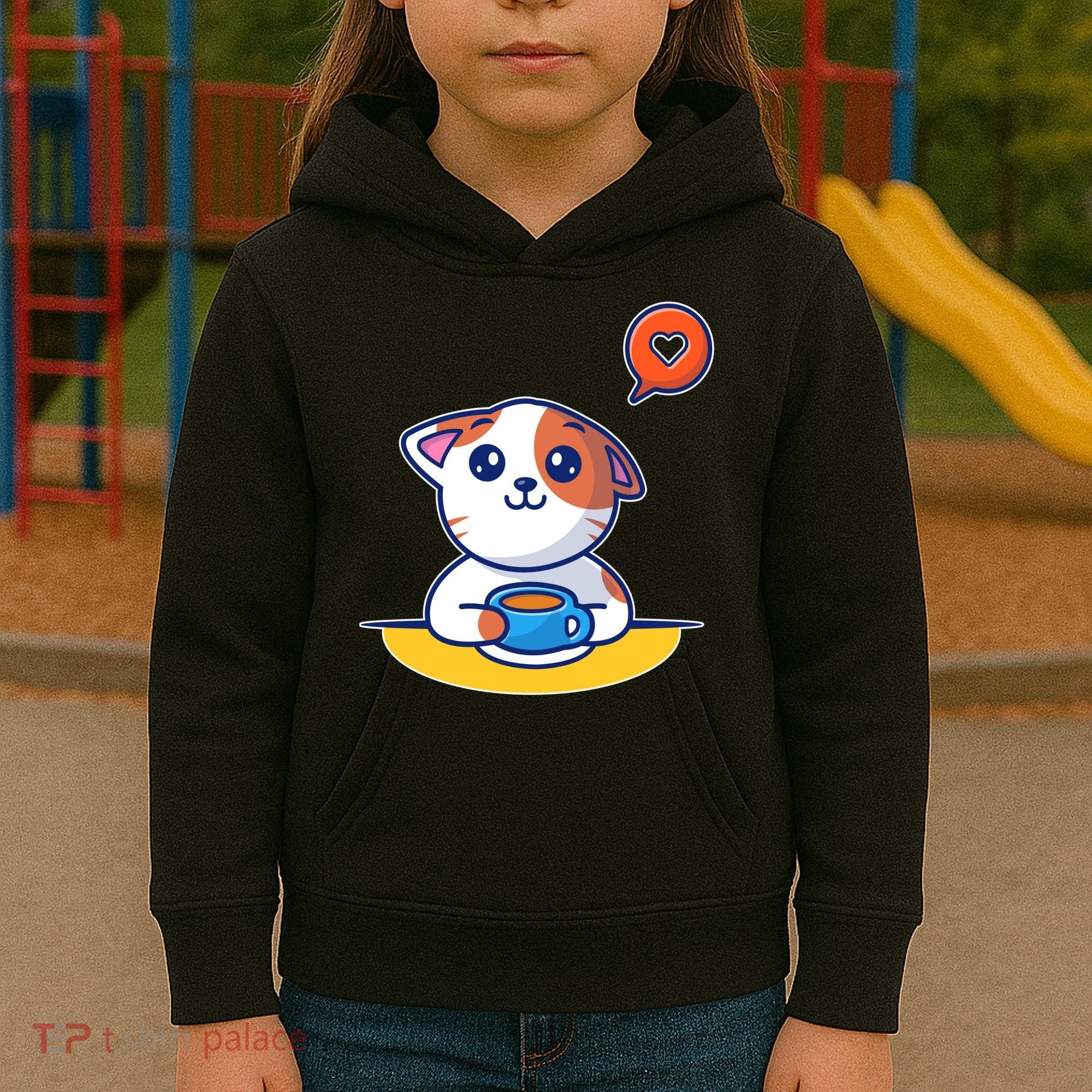 Coffee Cat Hollow Heart Kids Hoodie