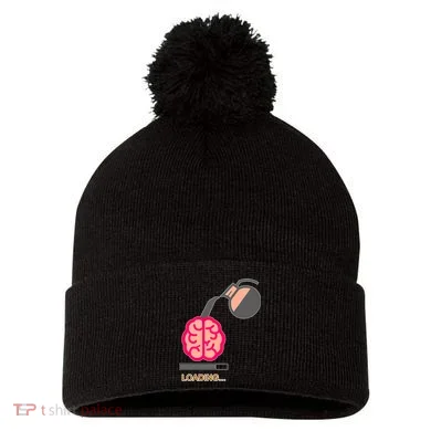 Coffee Loading Brain Pom Pom 12in Knit Beanie