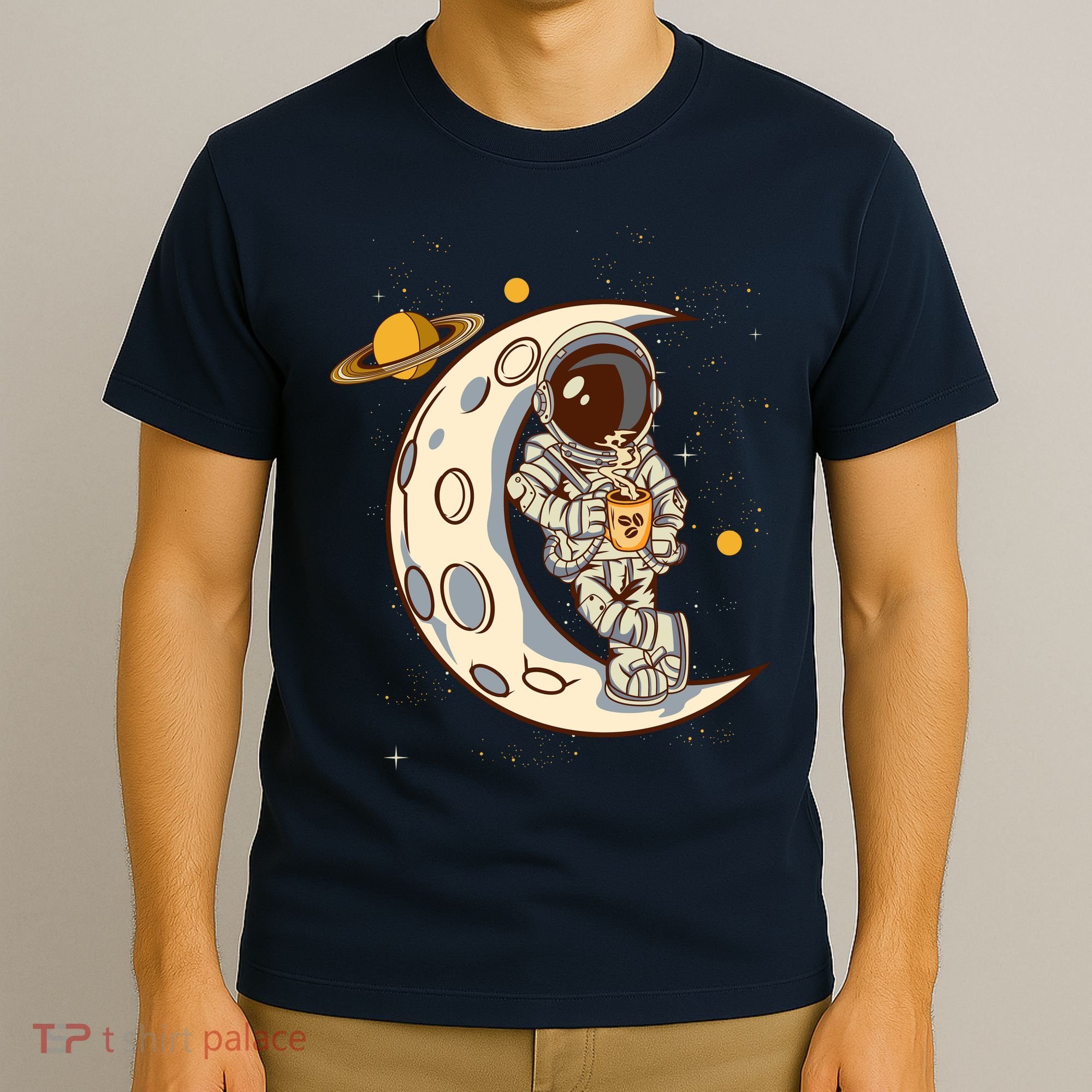 Coffee Loving Space Astronaut Moon Crest T-Shirt