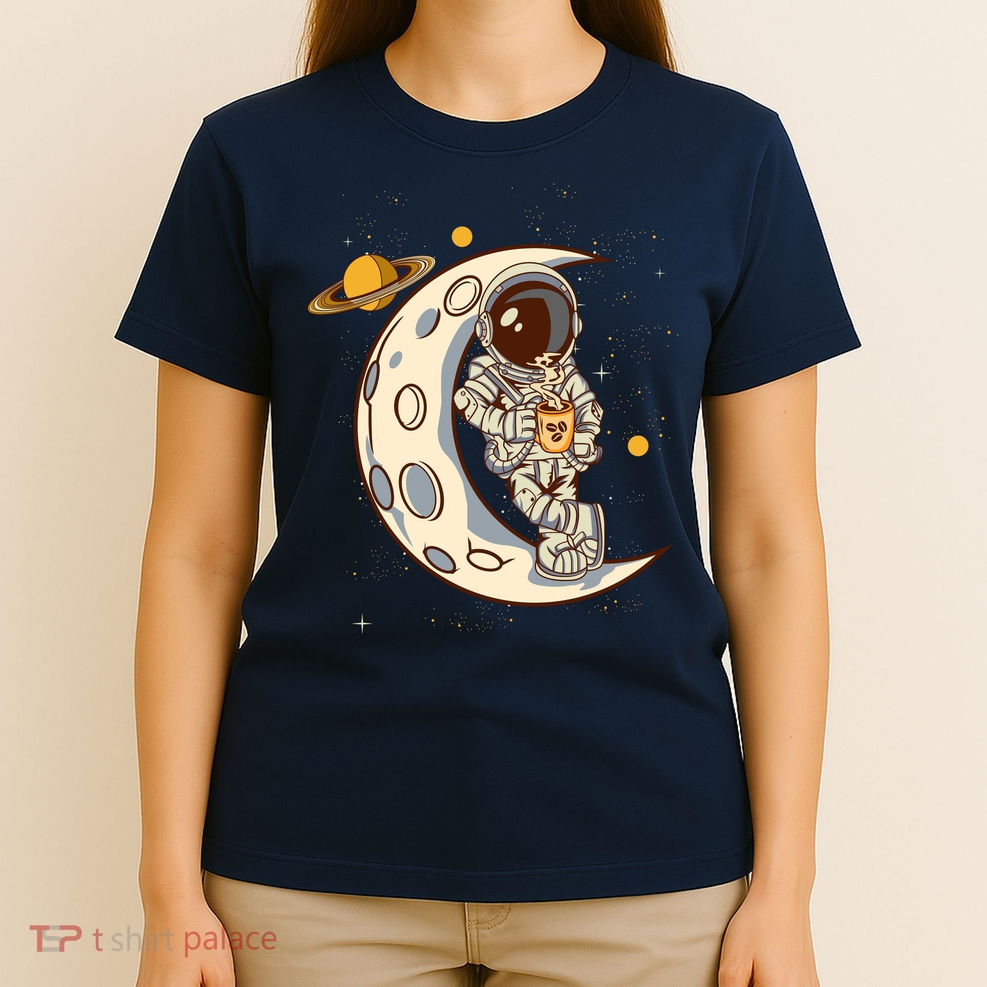 Coffee Loving Space Astronaut Moon Crest T-Shirt