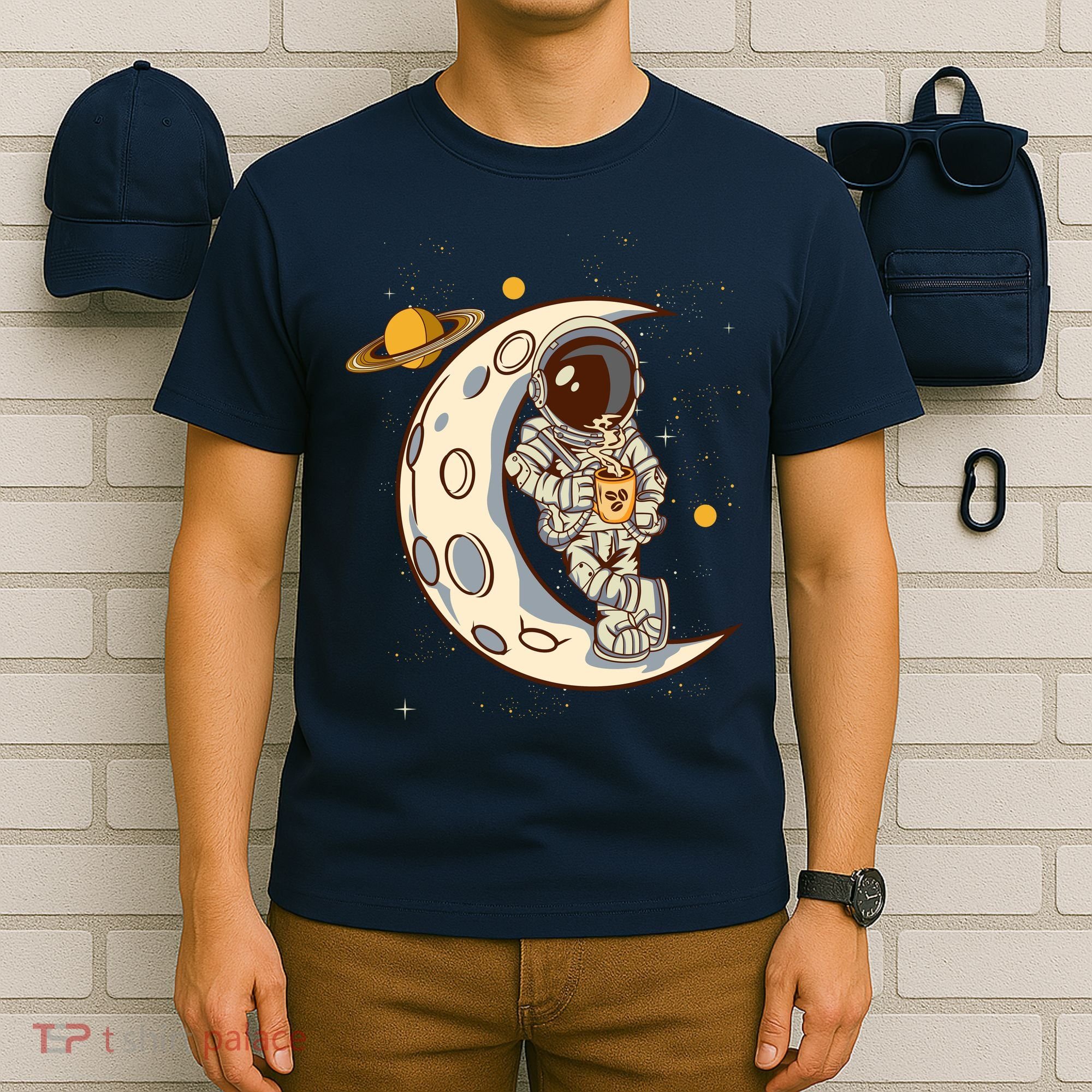 Coffee Loving Space Astronaut Moon Crest T-Shirt