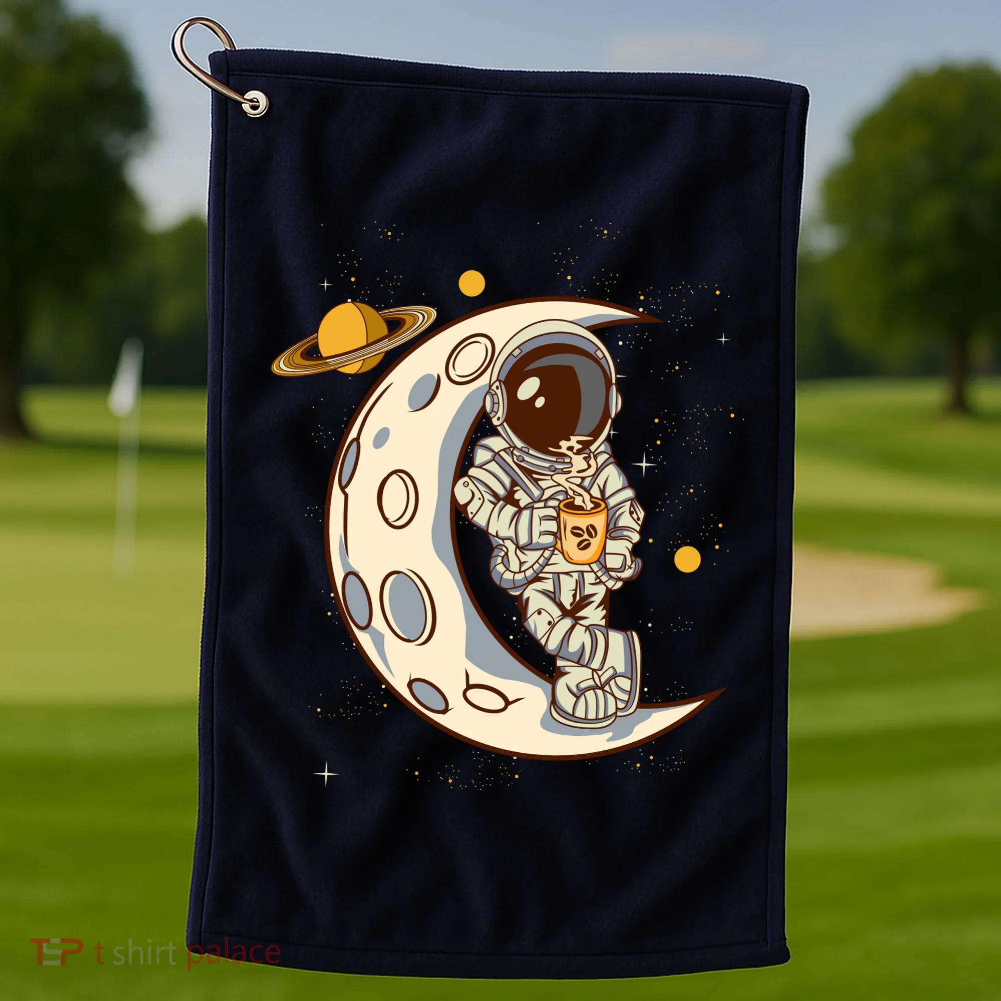 Coffee Loving Space Astronaut Moon Crest Golf Towel