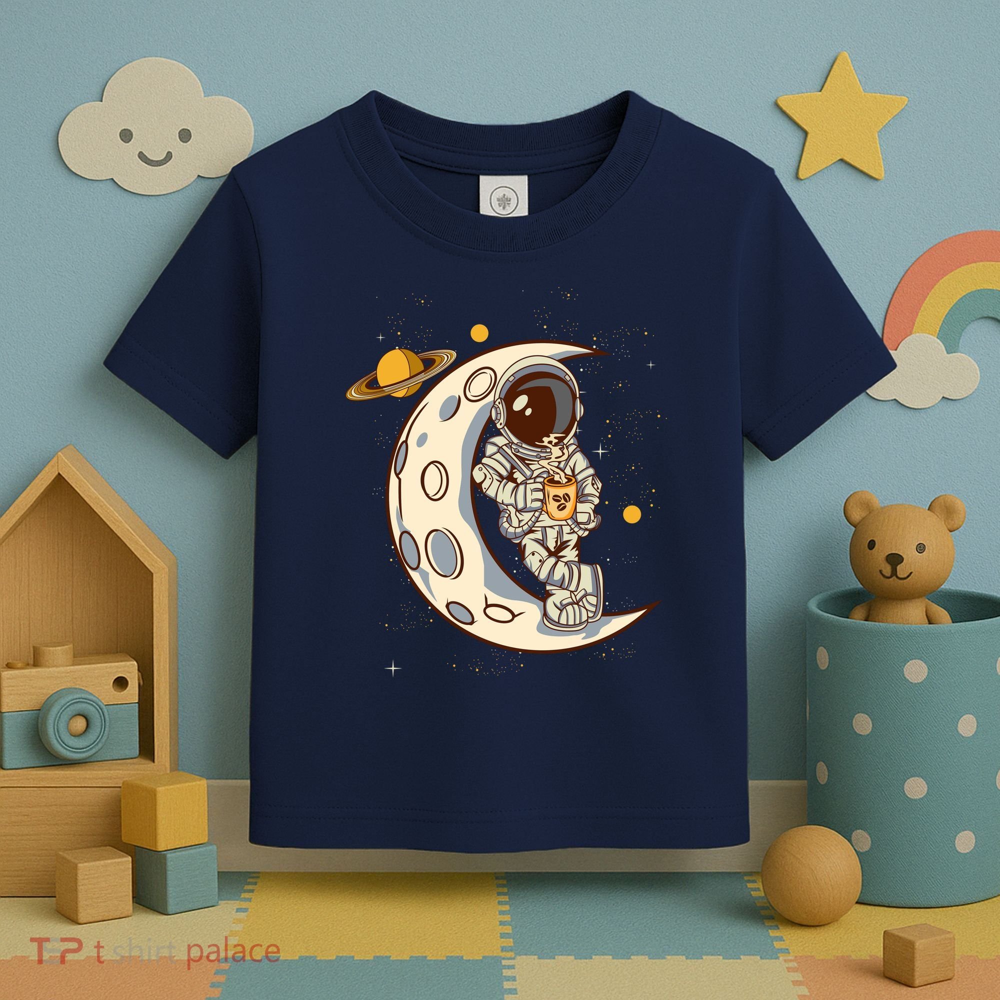 Coffee Loving Space Astronaut Moon Crest Toddler T-Shirt