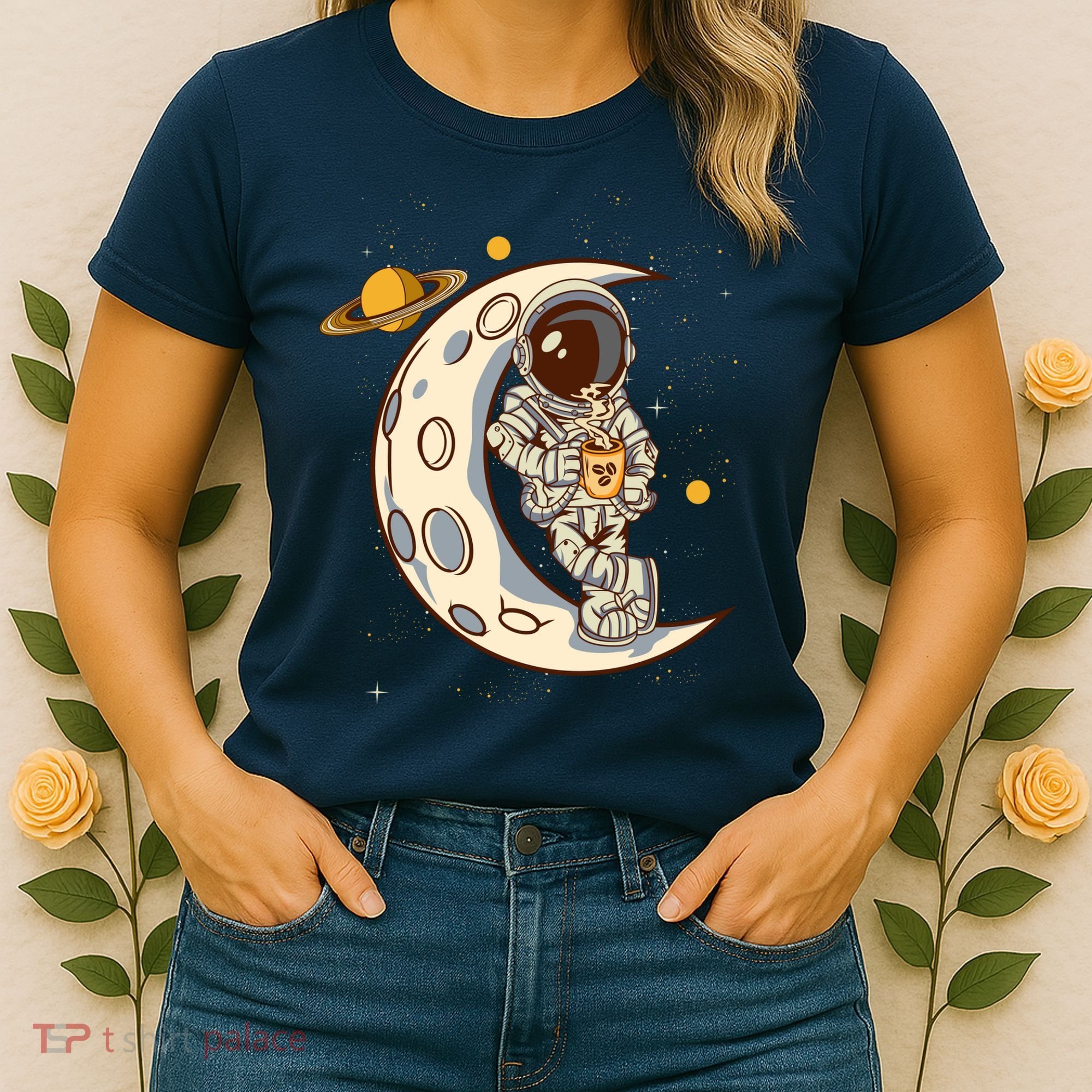 Coffee Loving Space Astronaut Moon Crest Women's T-Shirt
