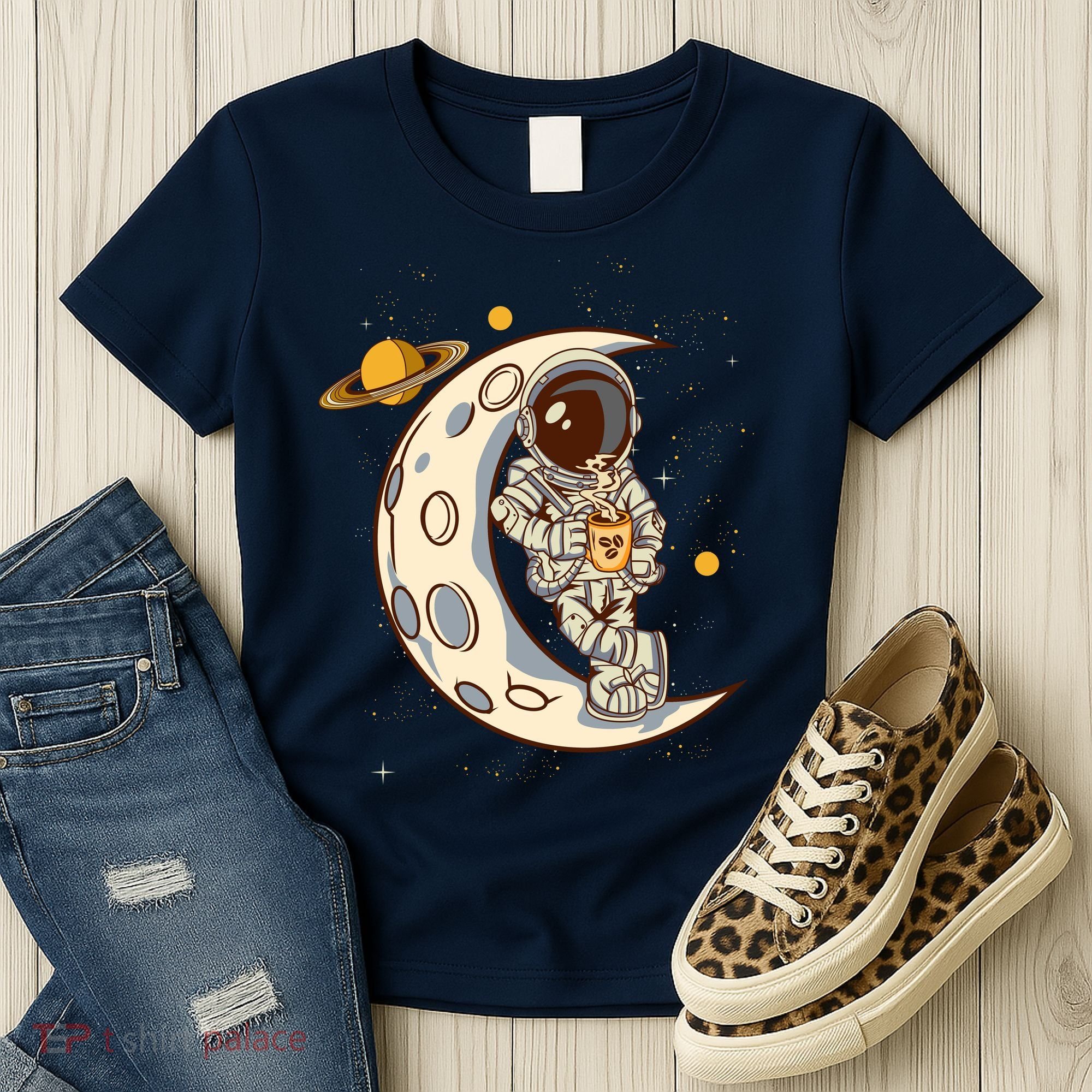 Coffee Loving Space Astronaut Moon Crest Women's T-Shirt