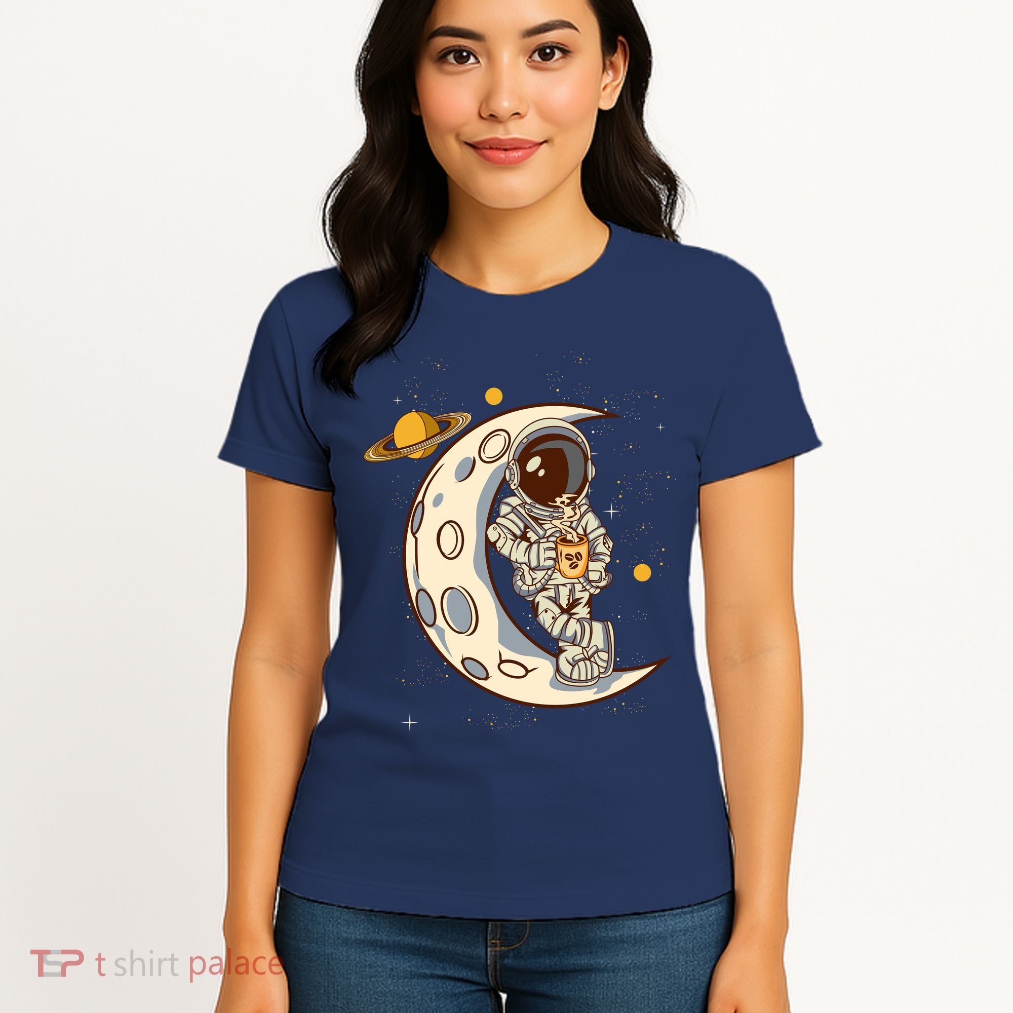 Coffee Loving Space Astronaut Moon Crest Women's T-Shirt
