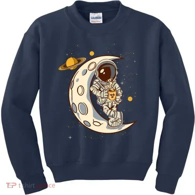 Coffee Loving Space Astronaut Moon Crest Kids Sweatshirt
