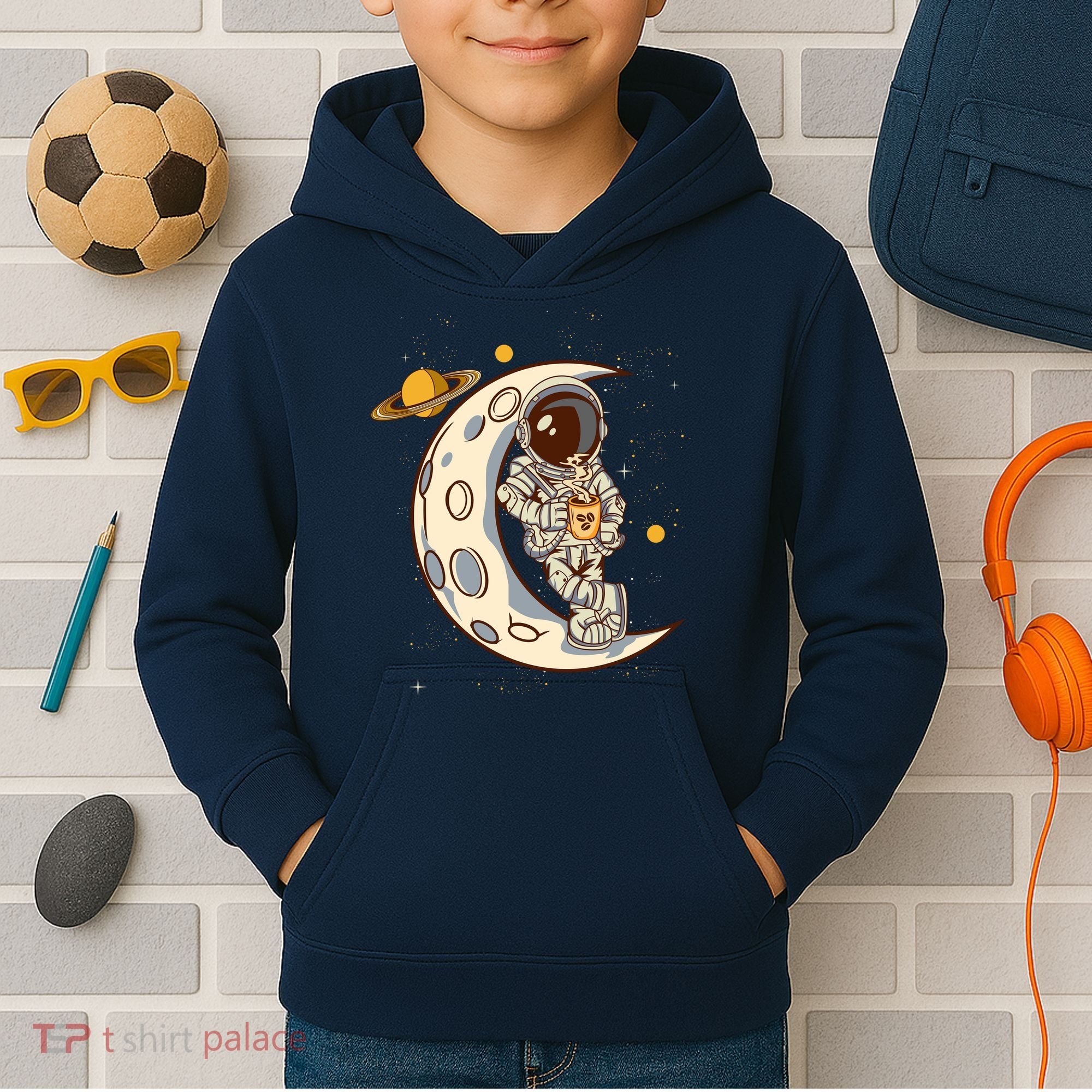 Coffee Loving Space Astronaut Moon Crest Kids Hoodie