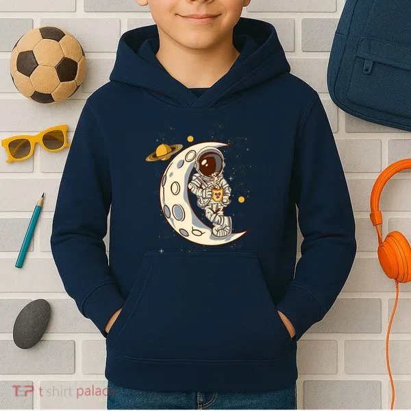 Coffee Loving Space Astronaut Moon Crest Kids Hoodie