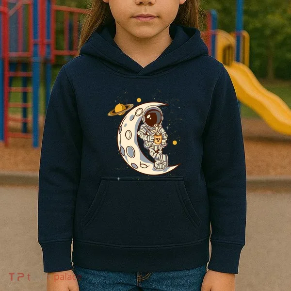 Coffee Loving Space Astronaut Moon Crest Kids Hoodie
