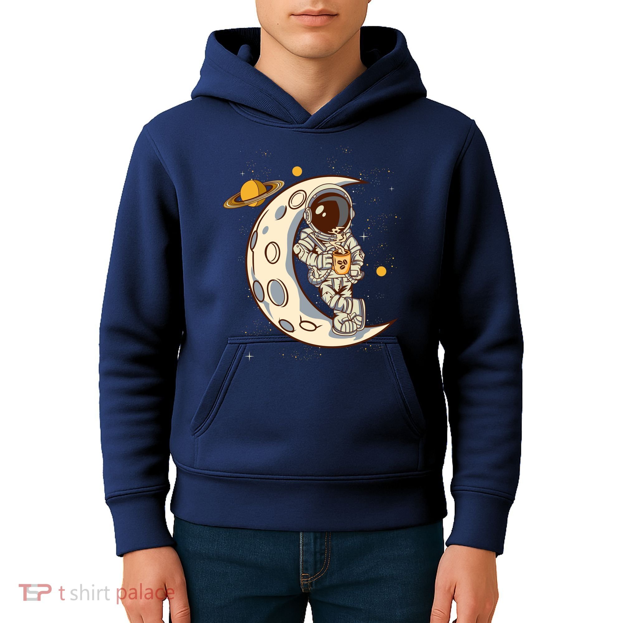 Coffee Loving Space Astronaut Moon Crest Kids Hoodie