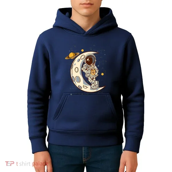 Coffee Loving Space Astronaut Moon Crest Kids Hoodie