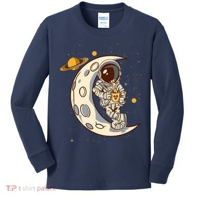 Coffee Loving Space Astronaut Moon Crest Kids Long Sleeve Shirt