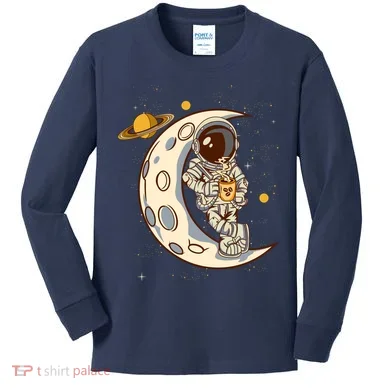 Coffee Loving Space Astronaut Moon Crest Kids Long Sleeve Shirt