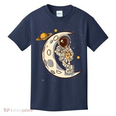 Coffee Loving Space Astronaut Moon Crest Kids T-Shirt