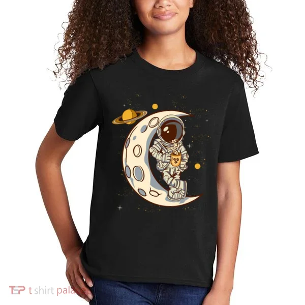 Coffee Loving Space Astronaut Moon Crest Kids T-Shirt