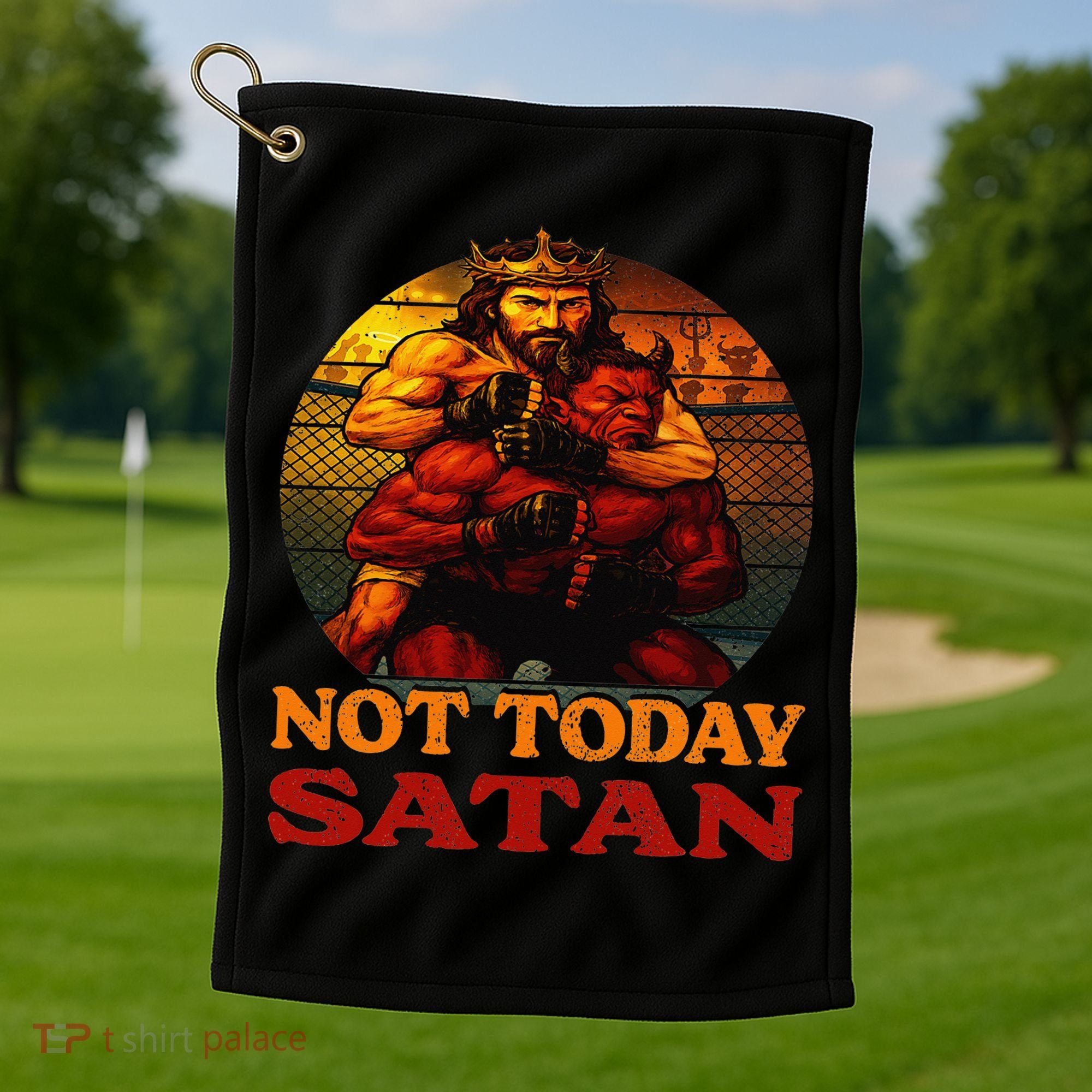 Christian Outfit Jesus Devil Comic Graphic Not Today Satan Golf Towel