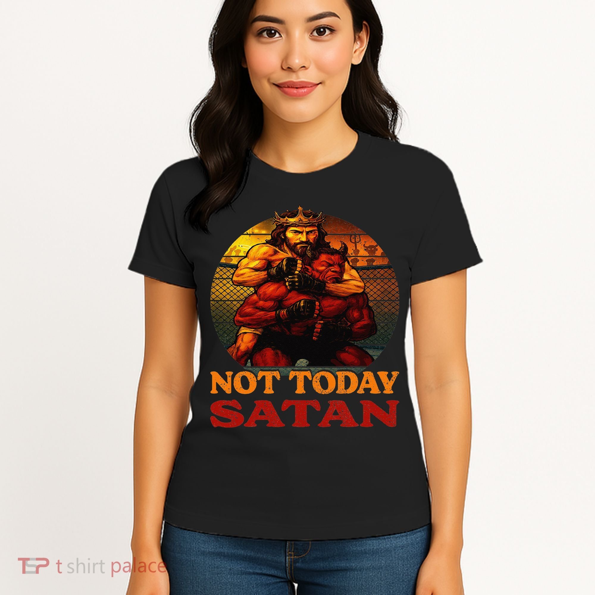 Christian Outfit Jesus Devil Comic Graphic Not Today Satan Women's T-Shirt