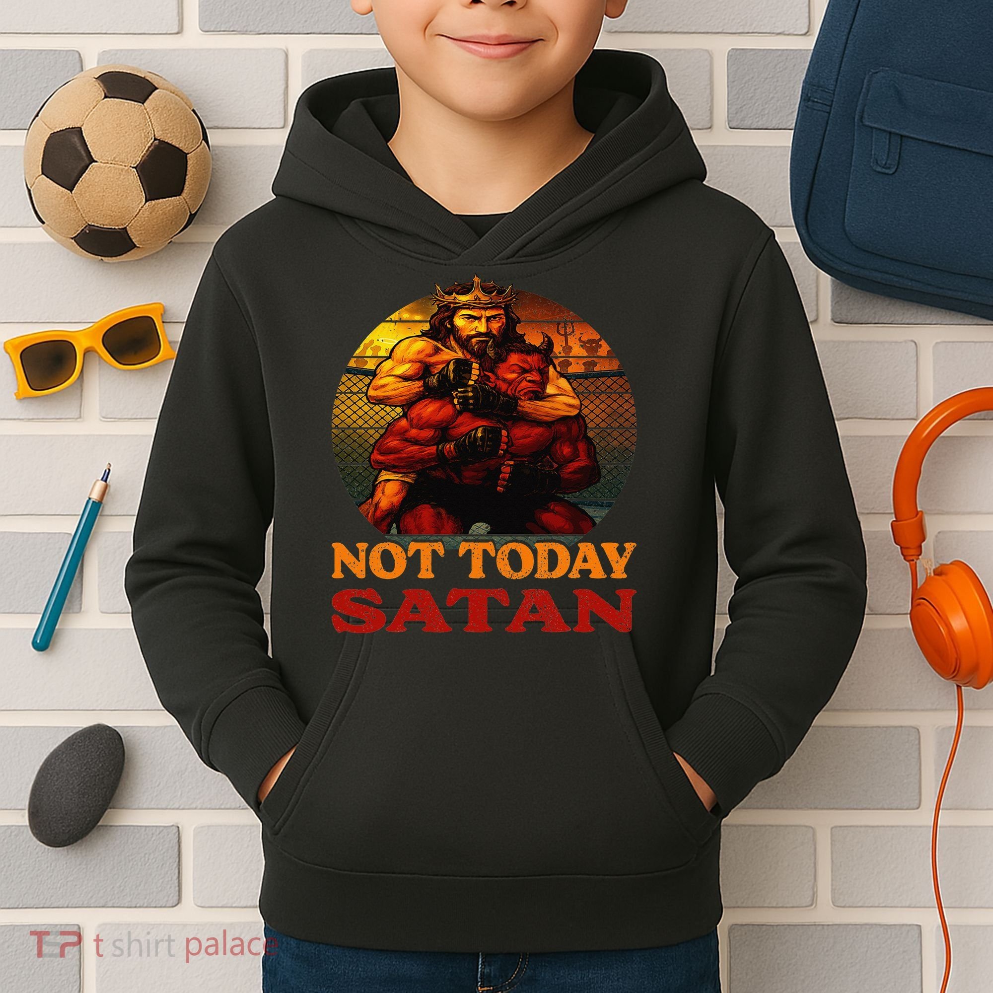 Christian Outfit Jesus Devil Comic Graphic Not Today Satan Kids Hoodie