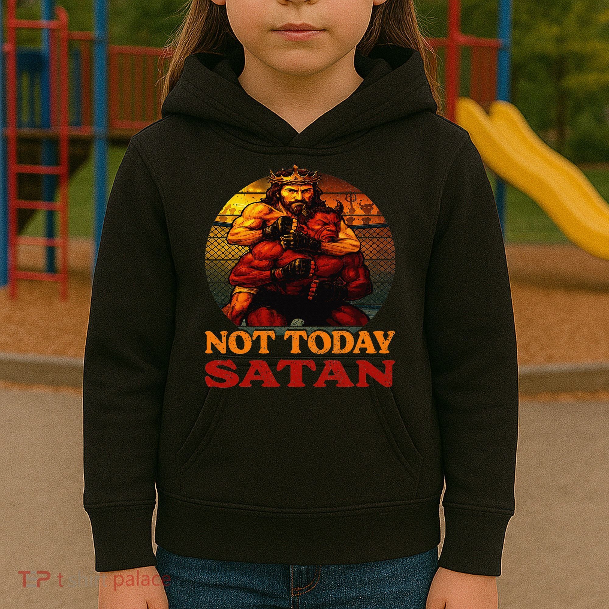 Christian Outfit Jesus Devil Comic Graphic Not Today Satan Kids Hoodie