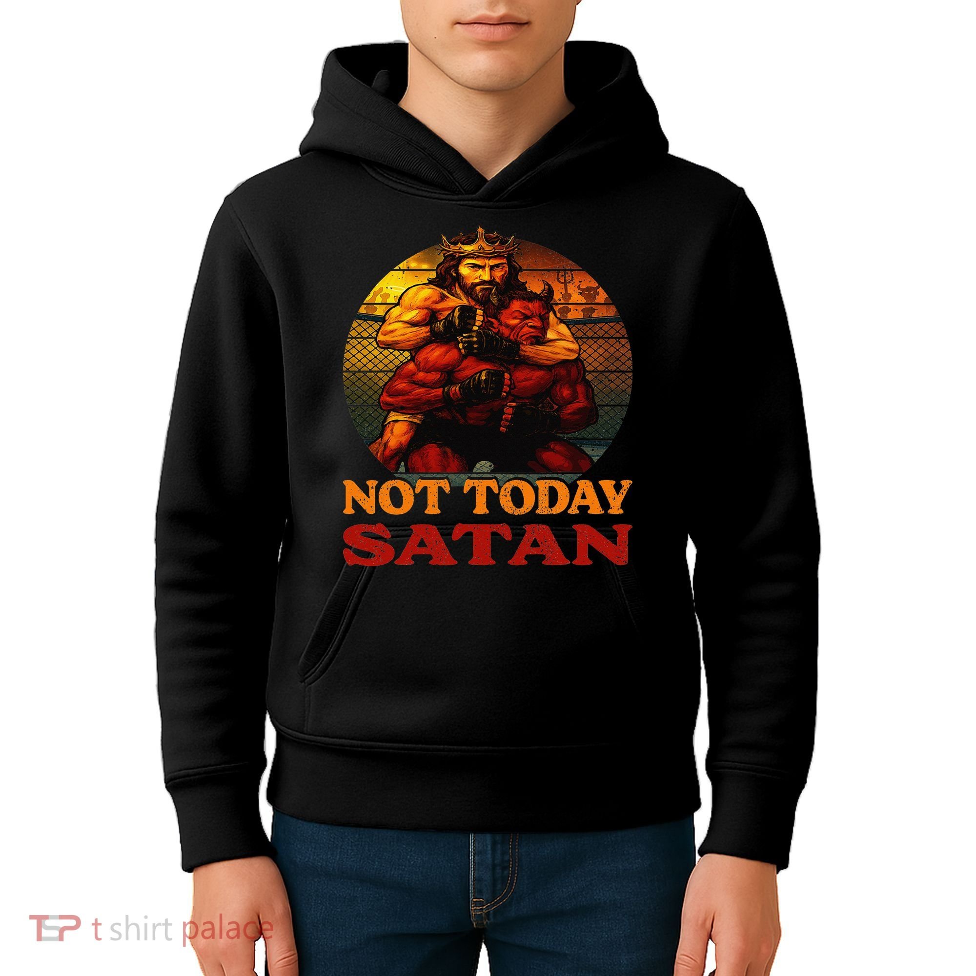 Christian Outfit Jesus Devil Comic Graphic Not Today Satan Kids Hoodie