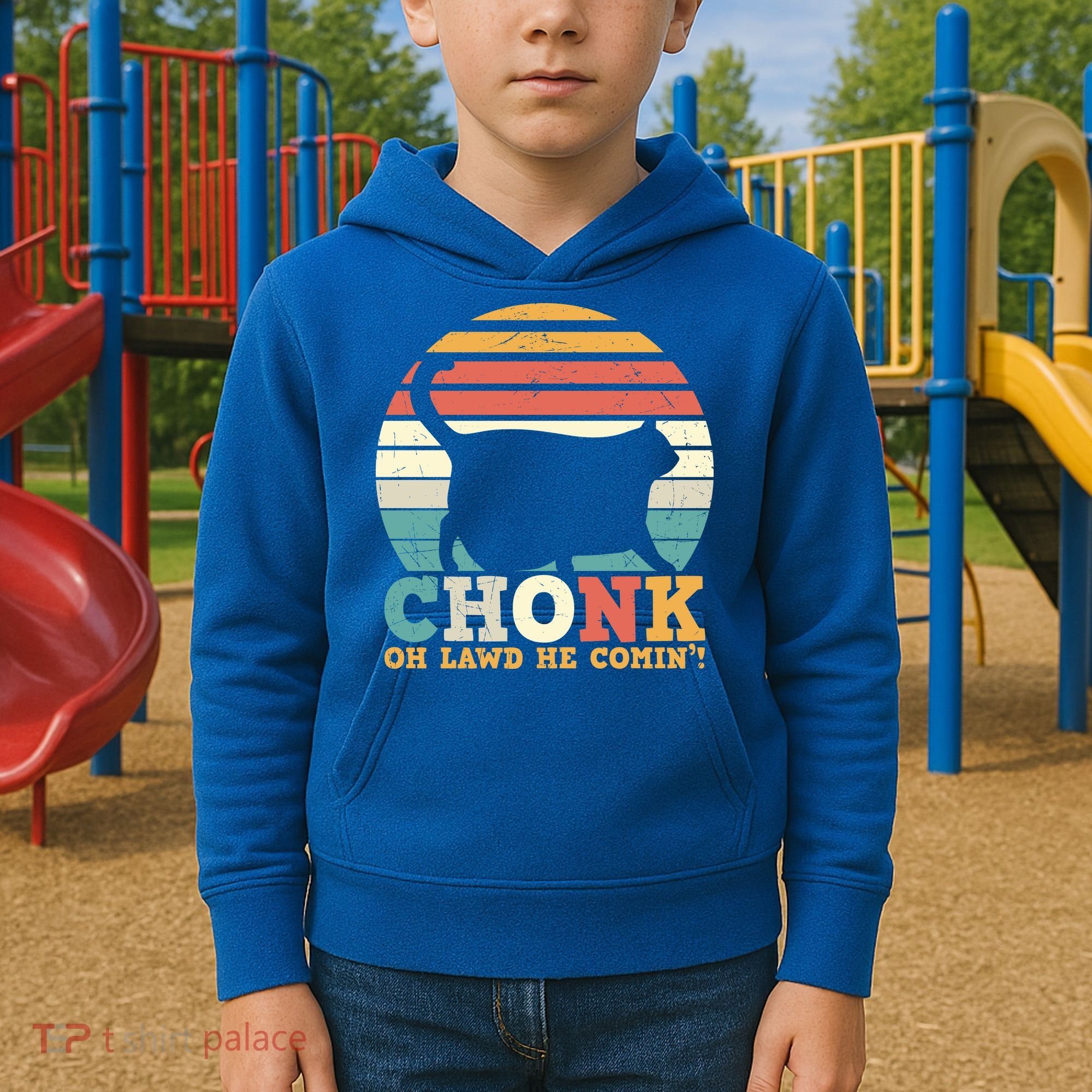 Chonk Oh Lawd He Comin' Cat Scale Meme Funny Cat Lover Cat Day Kids Hoodie