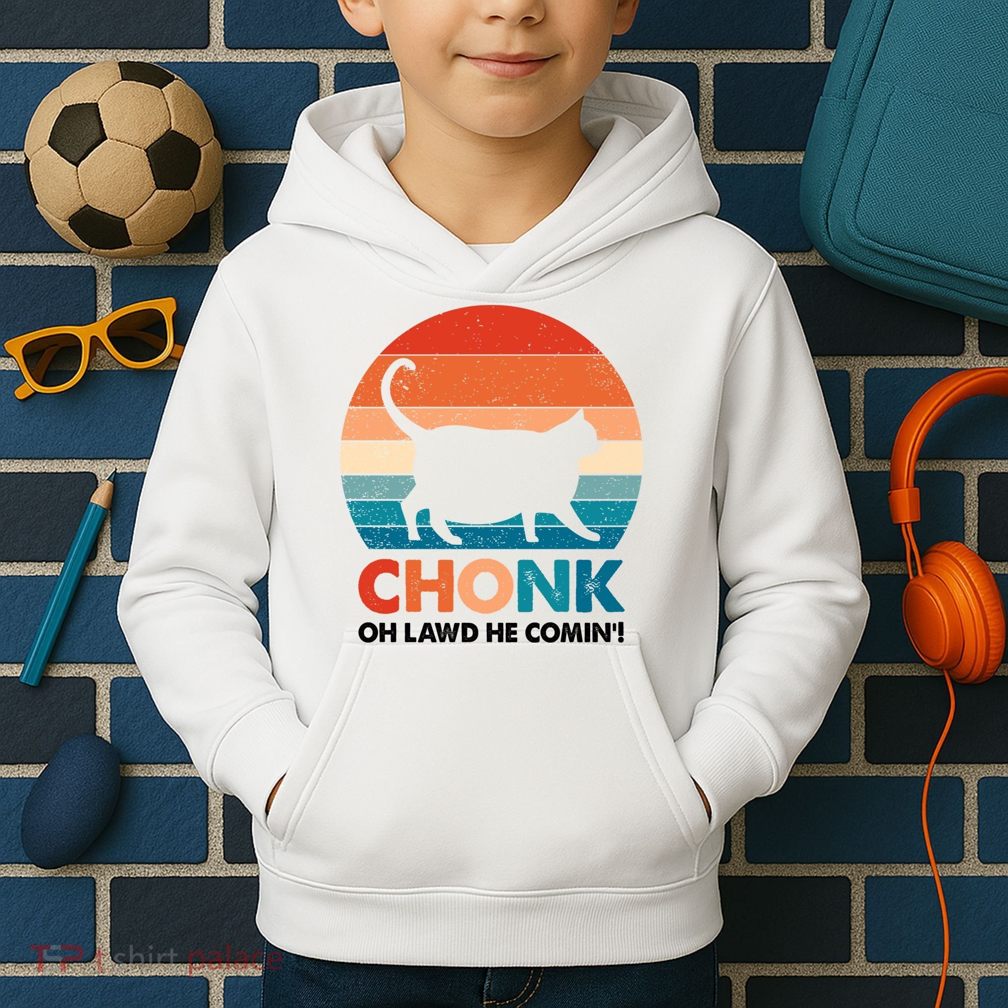 Chonk Oh Lawd He Comin Funny Fat Cat Kids Hoodie