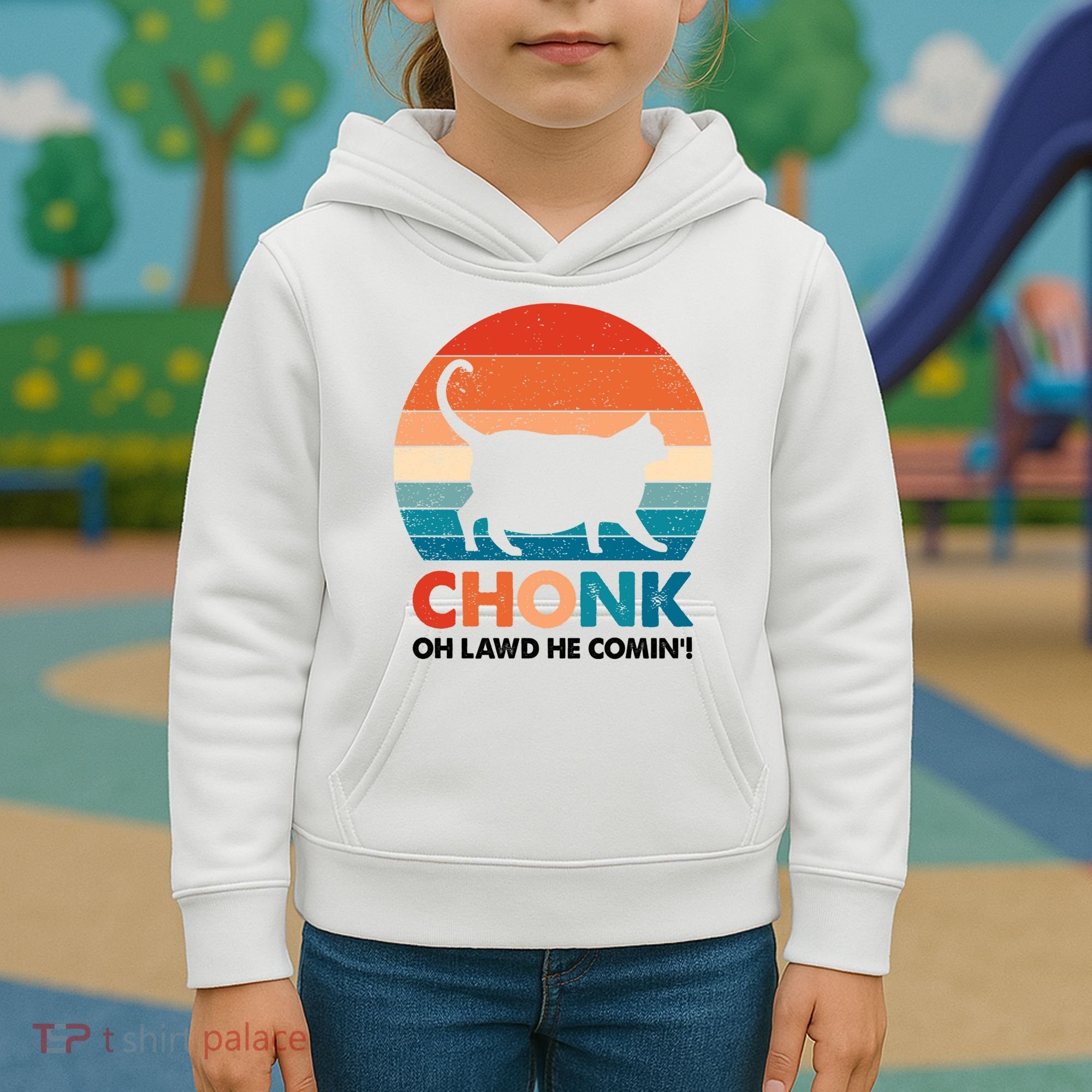 Chonk Oh Lawd He Comin Funny Fat Cat Kids Hoodie