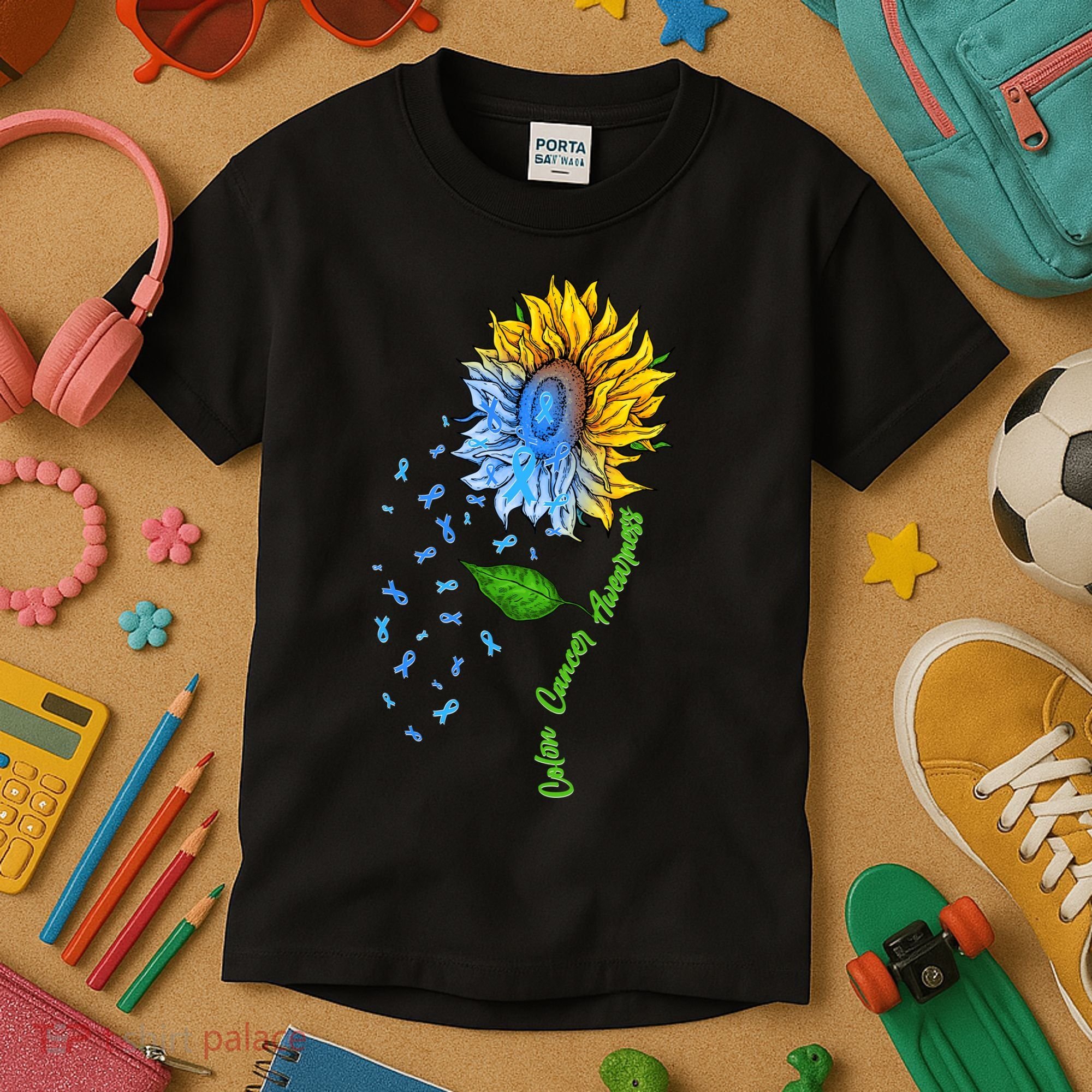 Colon Cancer Awareness Sunflower Support Kids T-Shirt