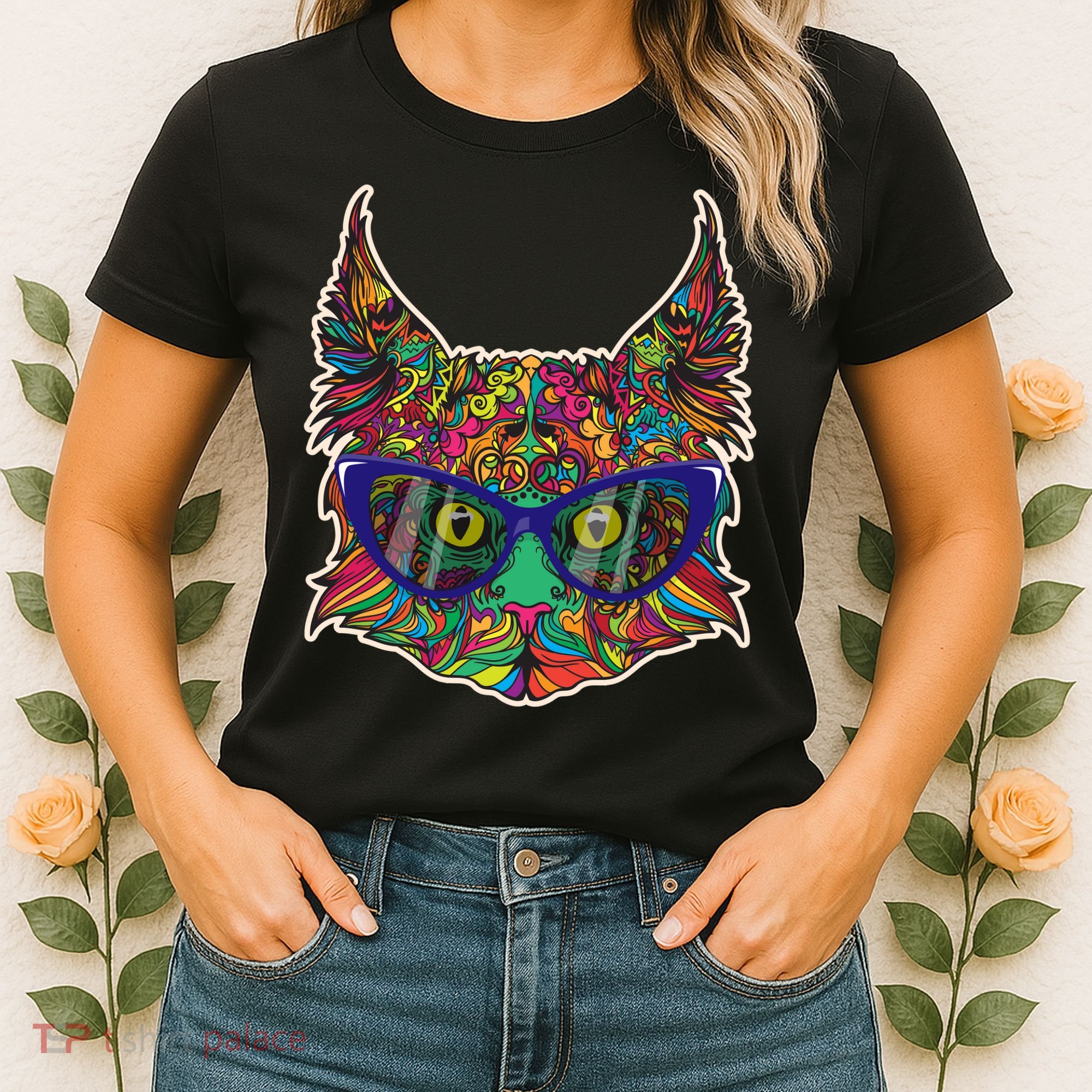 Colorfful Cat With Glasses Portrait Women's T-Shirt