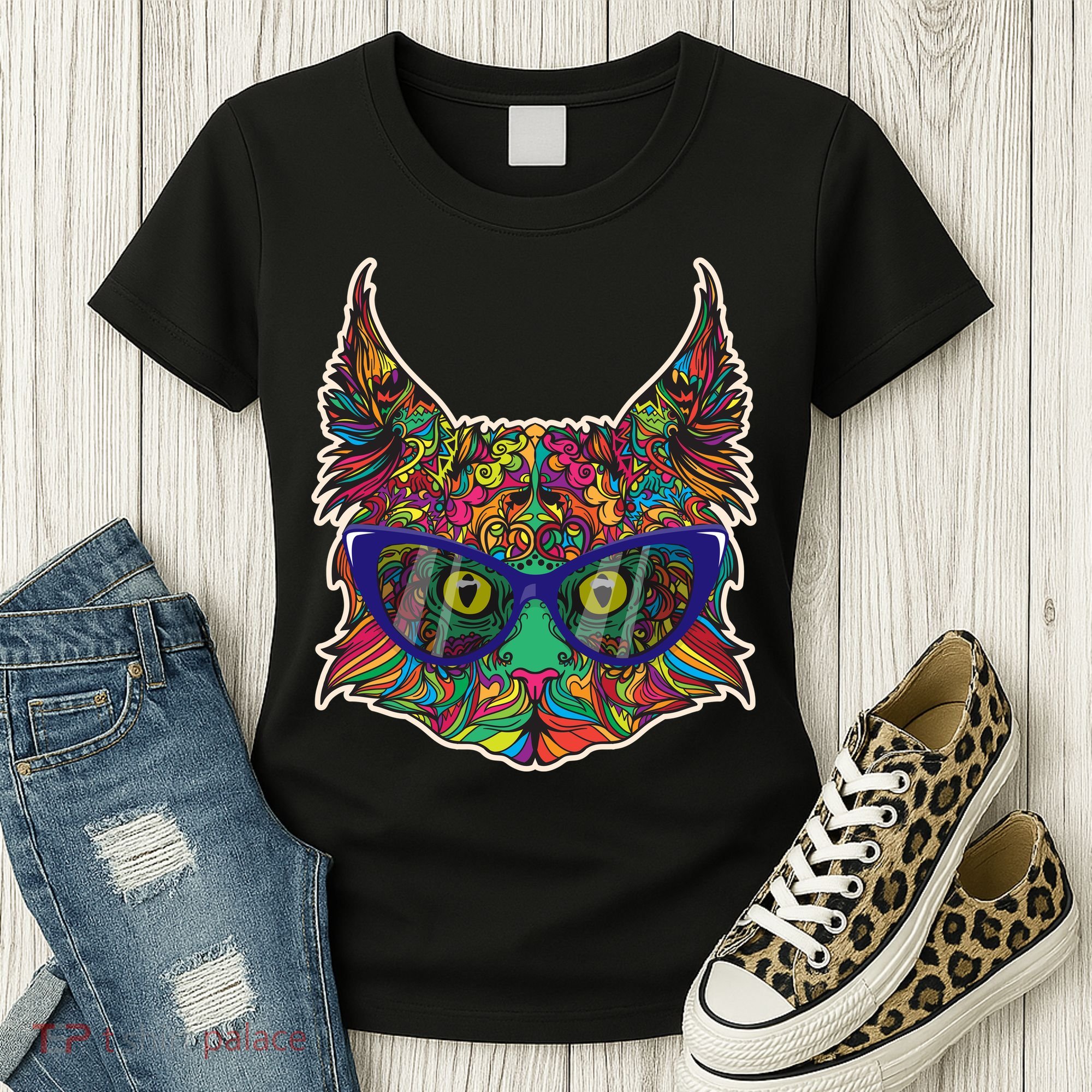 Colorfful Cat With Glasses Portrait Women's T-Shirt
