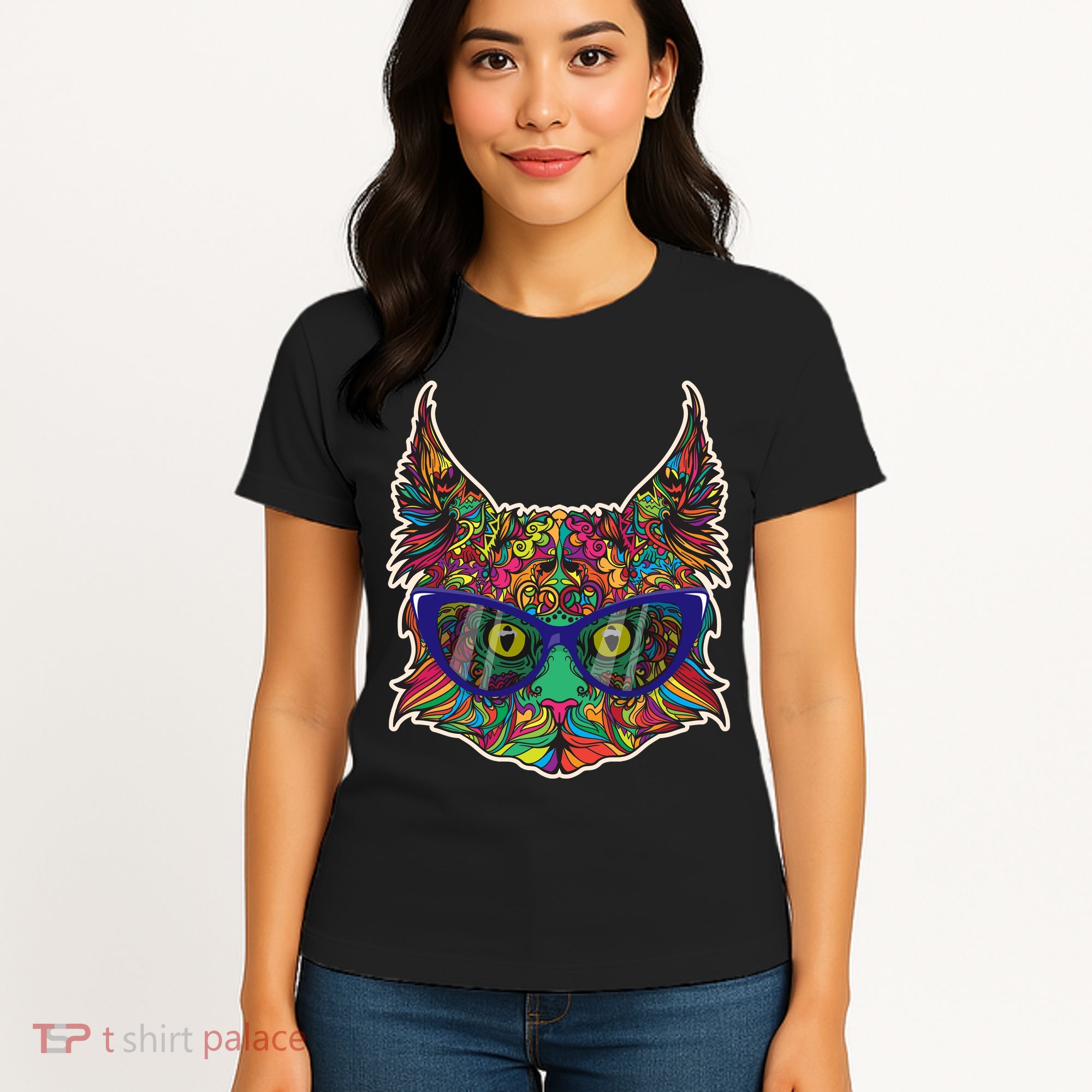 Colorfful Cat With Glasses Portrait Women's T-Shirt