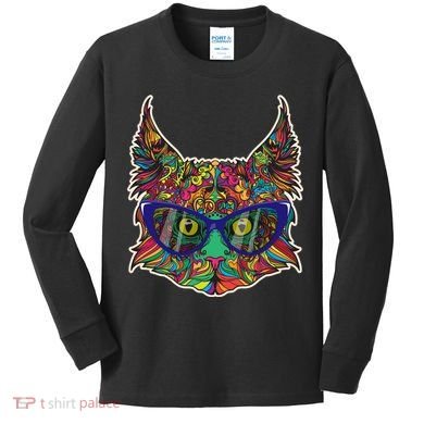 Colorfful Cat With Glasses Portrait Kids Long Sleeve Shirt
