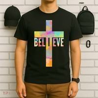 Colorful Believe Christian Cross T-Shirt thumb 6