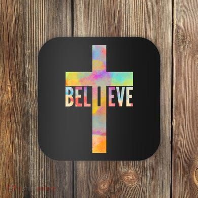 Colorful Believe Christian Cross Coaster